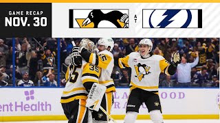 GAME RECAP Penguins at Lightning 113023  Jarry Gets Goalie Goal [upl. by Kacerek]