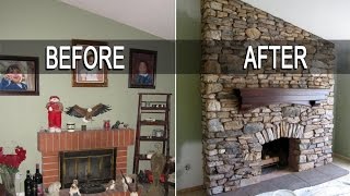 Eldorado Stone Fireplace Installation with mantel  Time Lapse  installing stone veneer [upl. by Galasyn]