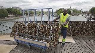 Love locks removed from Paris bridge [upl. by Htims318]