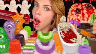 ASMR MUKBANG Halloween Treats Edible Blood Worms N Dirt Marzipan Monsters Brain Jello Food 먹방 [upl. by Ille]