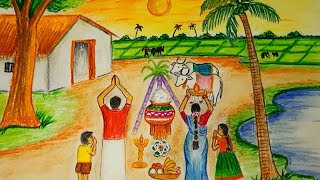 Pongal festival drawing for beginners very easy stepspongalsankranti drawing easy [upl. by Naegem841]