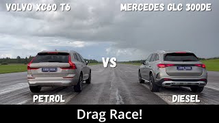 2023 Volvo XC60 T6 Recharge 350hp vs 2023 Mercedes GLC 300de 333hp  Drag Race  4K [upl. by Eisus]