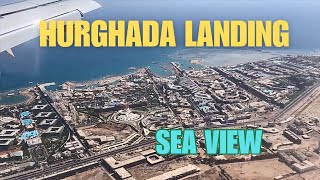 LANDING HURGHADA AIRPORT  April 2024  sea view with hotel names [upl. by Craig484]