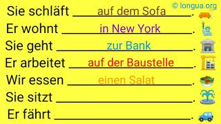 Artikel Nomen präpositionen auf dem Sofa in New York zur Bank auf der Baustelle am [upl. by Lovering]