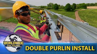 Steel Building Double Purlin Install  How To DIY Steel Building [upl. by Atekan]