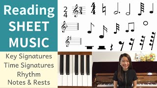 How to read SHEET MUSIC Key Signatures Time Signatures Notes amp Rests Beginner Piano Lessons 9 [upl. by Lad474]