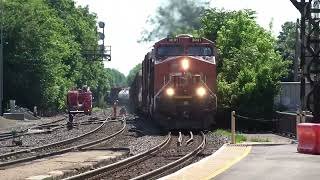 Brantford 🇨🇦  Westbound train while track work on north track CN locomotives 3031 amp 3816 [upl. by Botti]