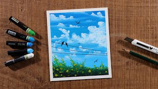 Beautiful Blue Sky with Clouds  Drawing with Oil Pastels  Step by Step [upl. by Anekam456]