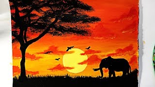 COMO PINTAR UN ATARDECER AFRICANO CON ELEFANTE 🐘✔️ [upl. by Killian296]