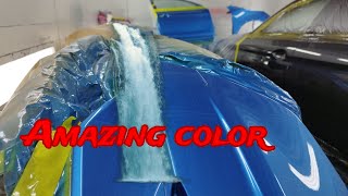 Wonderful blue pearl Tinsmith work Auto repair Car painting Glasurit base Iwata WS400 Clear RM [upl. by Jilleen]