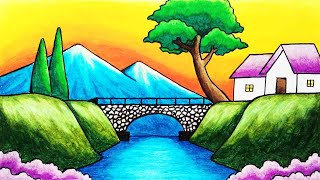 How to Draw Easy Scenery of Mountain Bridge and River Step by Step  Simple Nature Scenery Drawing [upl. by Iloj113]