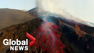 La Palma volcano Drone video shows new land formed by lava that reached sea [upl. by Ahseel]