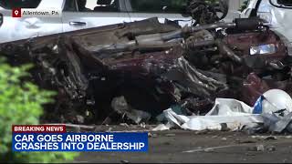 Car goes airborne flies more than 100 feet before crashing into car at dealership in Allentown Pa [upl. by Krawczyk]