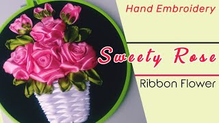 Ribbon Embroidery Rose Flower Tutorial  Tutorial Sulam Pita Bunga Mawar [upl. by Refeinnej]