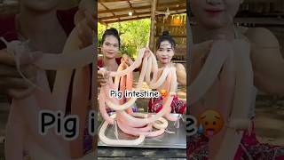 Cooking Pig intestine with chili recipe food adventure cooking mukbang survival [upl. by Anilehs]