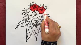 How to Draw and Colour लालीगुराँस Rhododendron with Crayons and Marker Pens [upl. by Reena58]