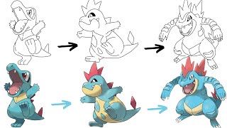 How To Draw TOTODILE CROCONAW and FERALIGATR POKEMON  Pokemon Evolution [upl. by Nnylyram778]