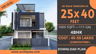 25x40 House Design 3D  1000 Sqft  111 Gaj  4 BHK  Modern Design  Terrace Garden  8x12 Meters [upl. by Yellah]