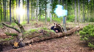 Building of a shelter inside a fallen tree with autonomous heating [upl. by Einnaj159]