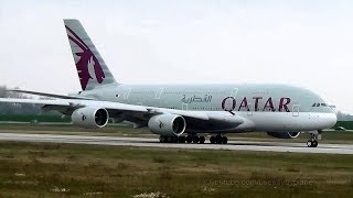 First Qatar Airways A380 A7APA  RTO  Hamburg Finkenwerder [upl. by Dronski]