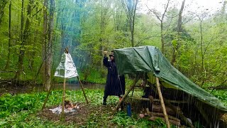 3 Days of Wild Camping in Heavy Rain Bow Drill Fire Tripod Tarp Shelter Survival Skills [upl. by Anaig]