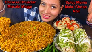 Eating Spicy🔥 Chinese Style Maggi Masala Malai Chaap Roll Spicy Momo Mukbang  Indian Street Food [upl. by Temple]