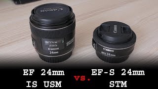 Canon EFS 24mm f28 STM pancake vs EF 24mm f28 IS USM review on APSC [upl. by Borras]