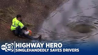 HIGHWAY HERO Faced with flood man singlehandedly saves motorists [upl. by Laurene766]