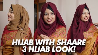 How To Style Hijab With Saree  3 Different Party Hijab Style  Khudalagse [upl. by Ynez]