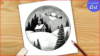 Christmas scenery drawing with pencil shading Easy Christmas art [upl. by Nairdna]