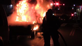 LAFD Engine 64 Working A Well Involved Car Fire  Watts [upl. by Hgielra]