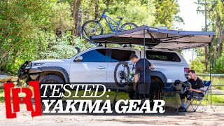 Yakima group test HighRoad bike carrier Major Shady 270 degree awning amp StreamLine roof racks [upl. by Anaytat]