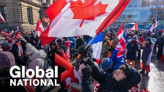 Global National Feb 15 2022  Ottawa protesters defiant as Emergencies Act targets their funding [upl. by Dedrick]