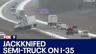 Jackknifed semitruck on I35 in Lakeville [upl. by Fernald]