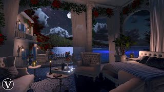 Greek Villa Bedroom  Night Ambience  Ocean Waves amp Nature Sounds [upl. by Nellad239]