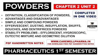 Powders complete  Chapter 2 Unit 2  Pharmaceutics 1 b pharmacy 1 semester  Carewell Pharma [upl. by Crispen]