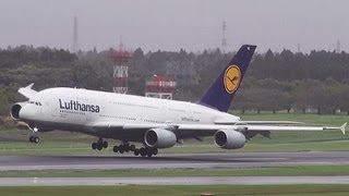 強風にあおられるA380 ルフトハンザとエールフランスの旅客機 成田空港 [upl. by Josler]