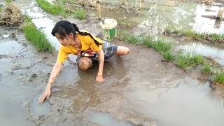 Amazing beautiful girl Fishing in the field  How to Catch Fish at battambang  part 37 [upl. by Hannahsohs]