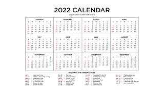 Year 2022 Calendar Printable with Holidays  Wiki Calendar [upl. by Drislane]