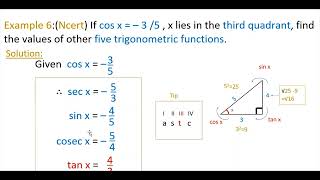 Tips Trigonometric functions If cosx–35  x lies in third quadrant find values of other five [upl. by Ttevy58]