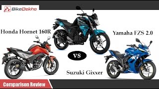 Honda CB Hornet 160R vs Suzuki Gixxer 155 vs Yamaha FZ S F I Comparison Review  BikeDekhocom [upl. by Nilo]