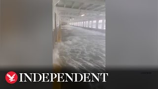 Huge waves flood ferry deck and smash against cars during Washington storm [upl. by Noryd]