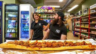 WIN 50 CASH IF YOU CAN FINISH THIS GIANT MEATBALL SUB IN CHICAGO  BeardMeatsFood [upl. by Luing54]