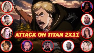 Youtubers react to ERWINS ADVAAANCE Attack On Titan Season 2 Episode 11 [upl. by Aitnyc]