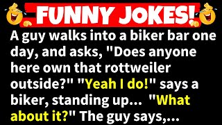 🤣FUNNY JOKES  A guy walks into a biker bar and asks quotDoes anyone here own that rottweiler [upl. by Ahsitil301]