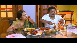 Sadhu Kokila Enjoys Eating Chicken With Wife  Real Police Kannada Movie Best Scene [upl. by Angelita835]