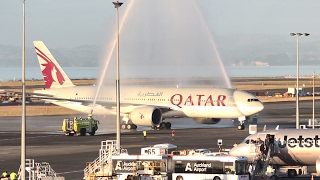 WORLDS LONGEST FLIGHT  Qatar Airways 777200LR  Landing and Water Salute at Auckland Airport [upl. by Olram]