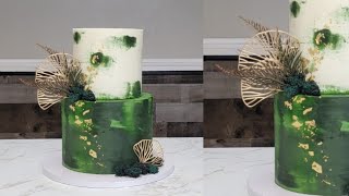 TriToned Green Watercolor Edible Moss Cake  Edible Gold Leaf  Cake Decorating Tutorial [upl. by Eliza307]