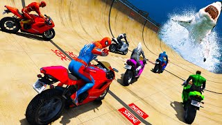 Spiderman and Friends Superheroes  Cars and Motorcycles Ragdoll with Hungry Sharks Over Sea [upl. by Iva790]