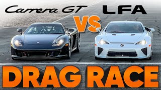 The Worlds BestSounding Drag Race Lexus LFA vs Porsche Carrera GT vs Audi RS3 — w Jason Cammisa [upl. by Sibby]